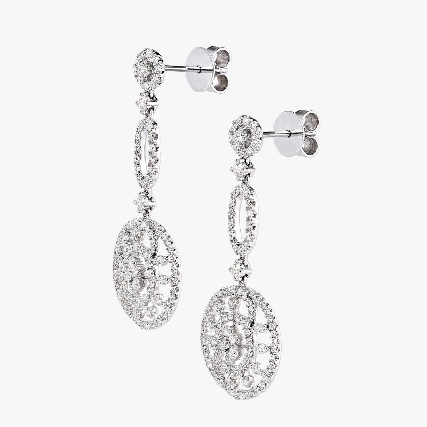 2.28ctw Natural Diamond Sunburst Openwork Drop Earrings in 18K White Gold - JewelryandStore