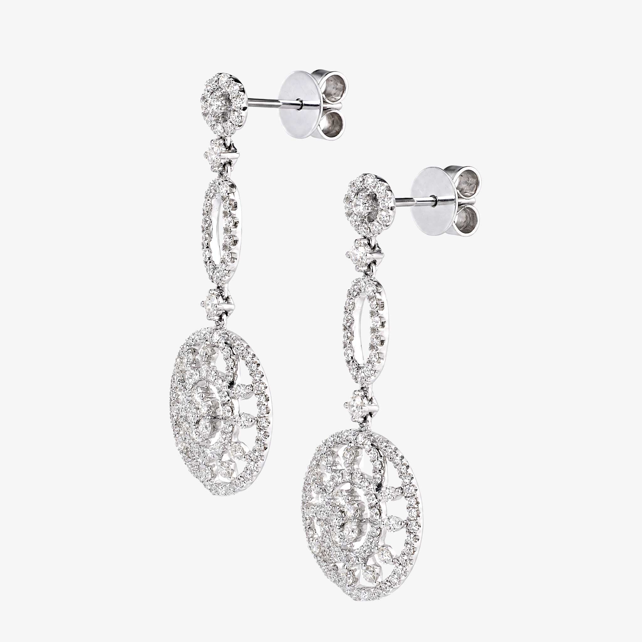 2.28ctw Natural Diamond Sunburst Openwork Drop Earrings in 18K White Gold - JewelryandStore