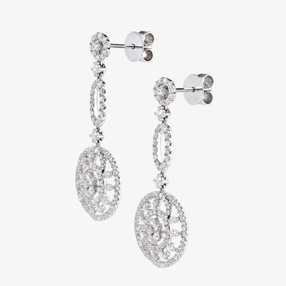 2.28ctw Natural Diamond Sunburst Openwork Drop Earrings in 18K White Gold - JewelryandStore