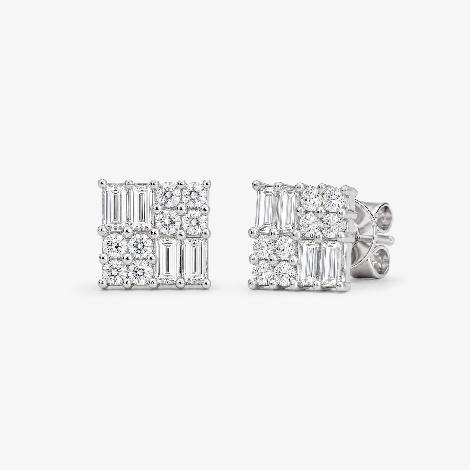 0.98ct Baguette and Round Diamond Cluster Stud Earrings in 18K White Gold - JewelryAndStore