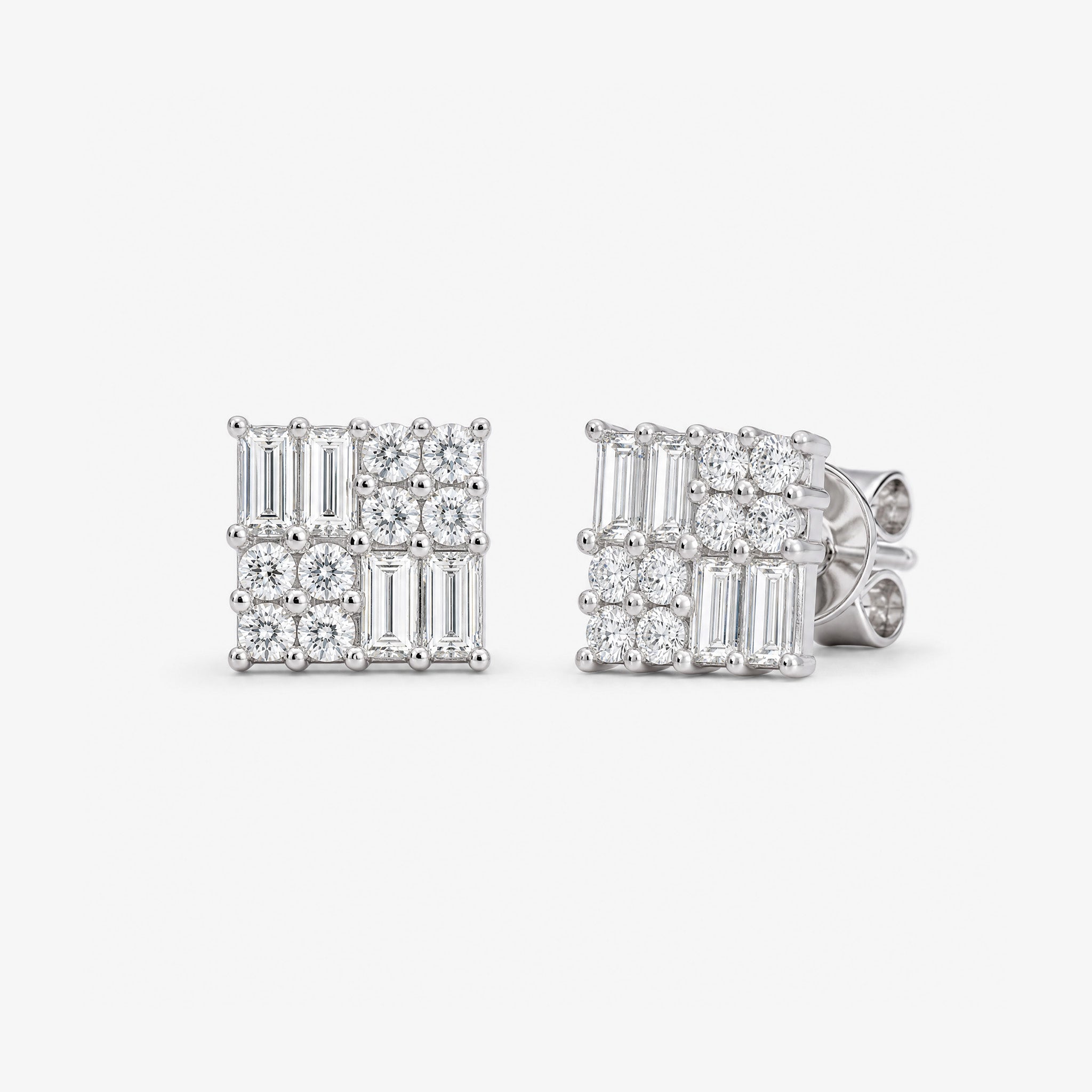 0.98ct Baguette and Round Diamond Cluster Stud Earrings in 18K White Gold - JewelryAndStore