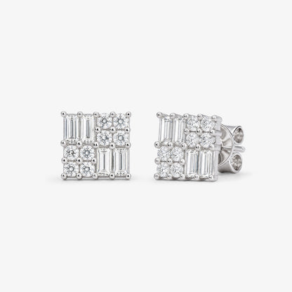 0.98ct Baguette and Round Diamond Cluster Stud Earrings in 18K White Gold - JewelryAndStore