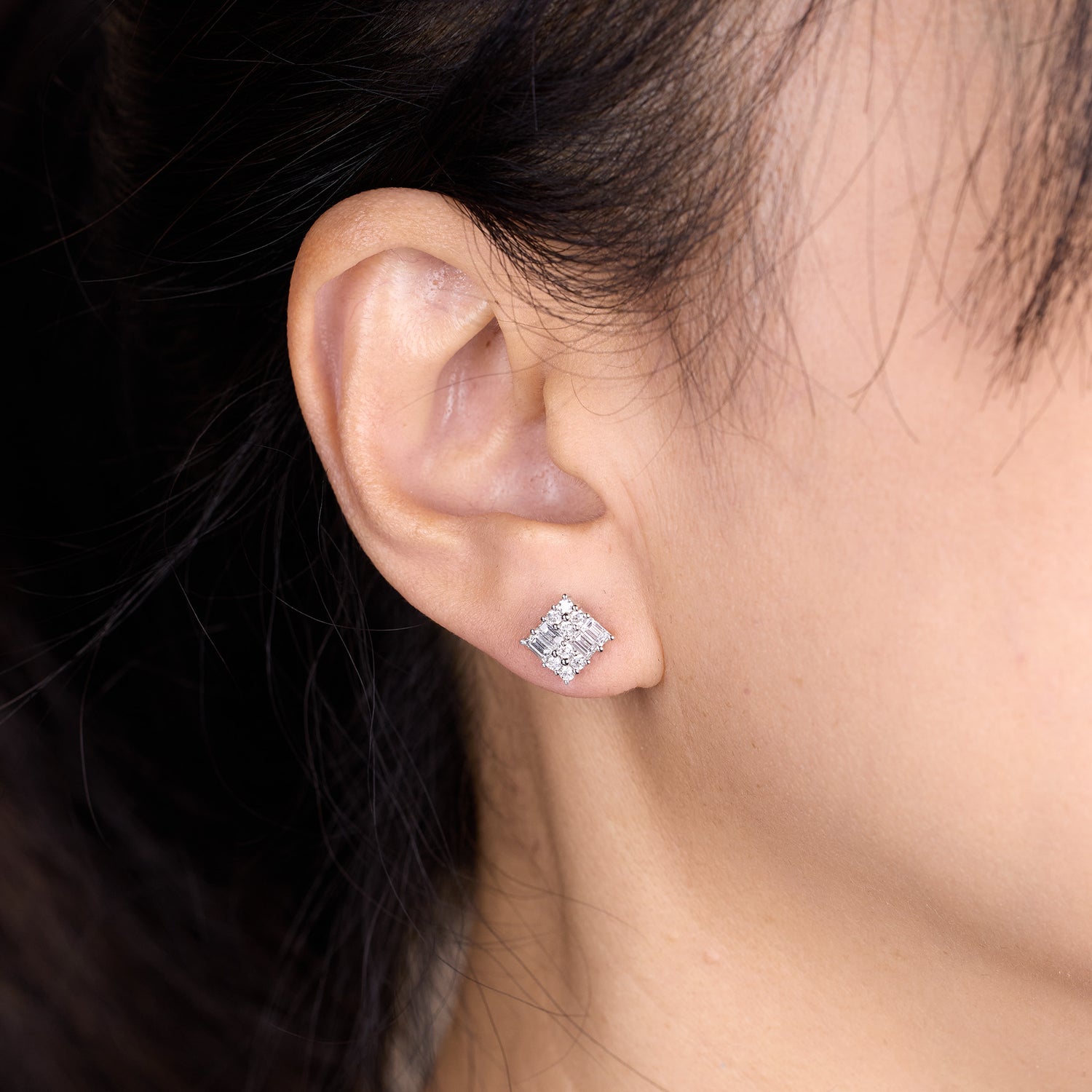 0.98ct Baguette and Round Diamond Cluster Stud Earrings in 18K White Gold - JewelryAndStore