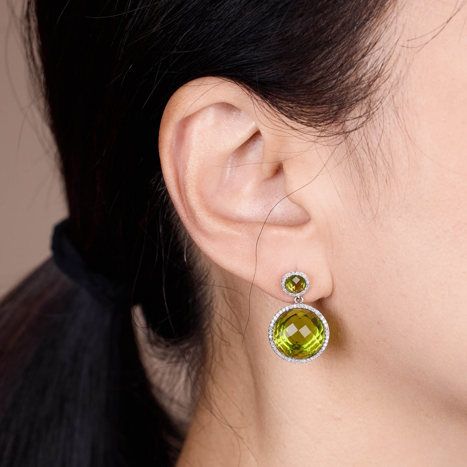 13.05ct Peridot and Diamond Drop Earrings in 14K White Gold - JewelryAndStore