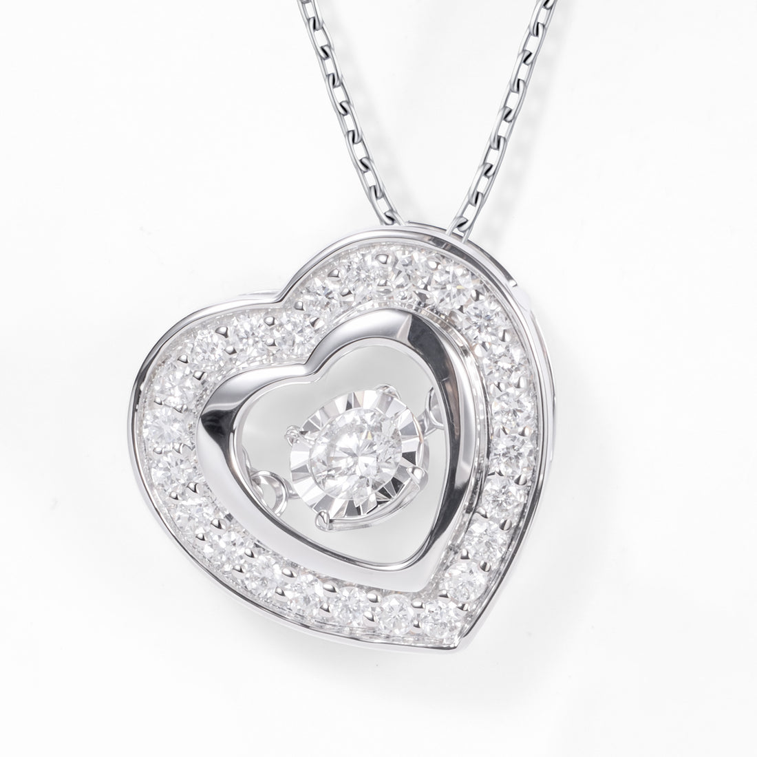 14K White Gold Heart Pendant with Natural Dancing Diamonds - JewelryAndStore
