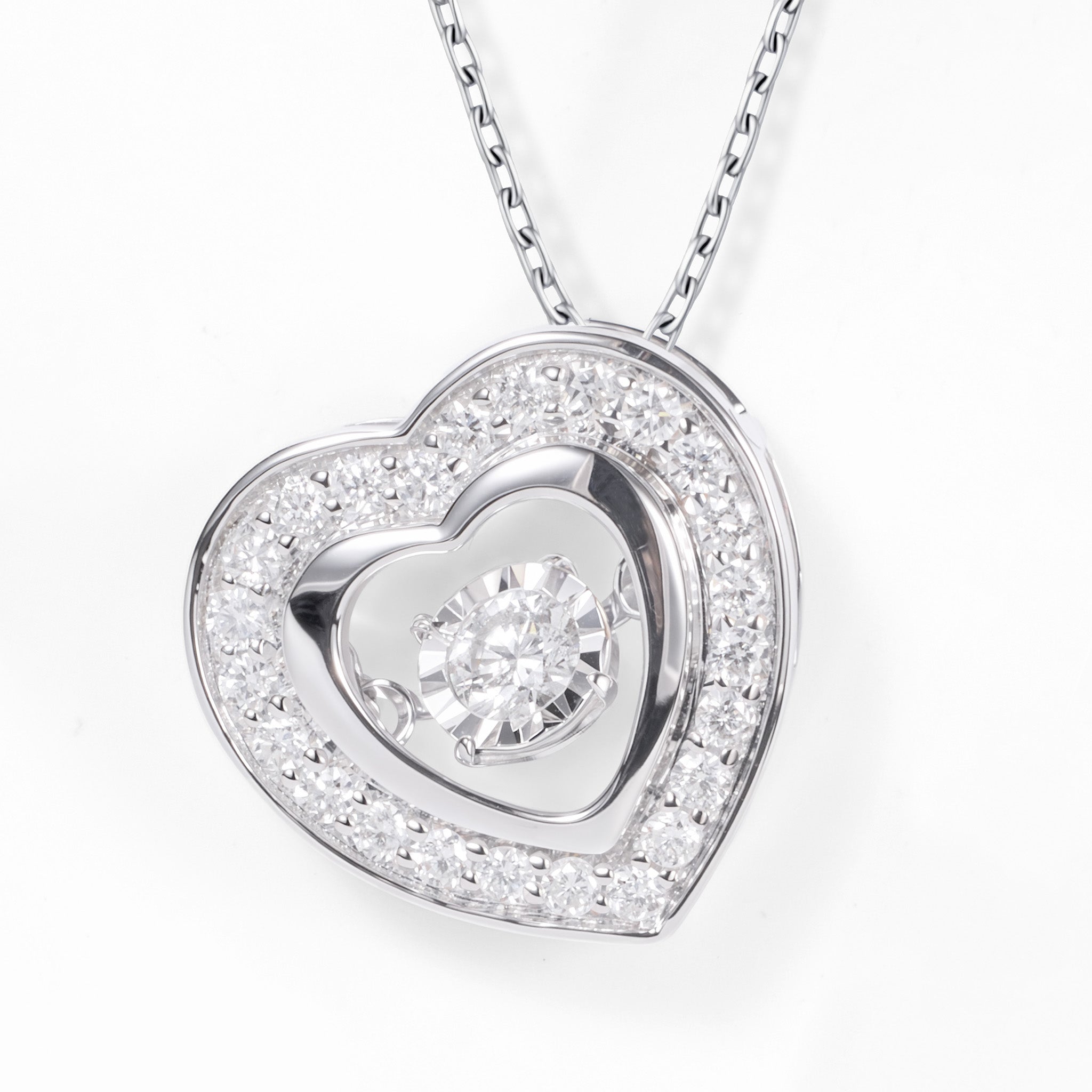 14K White Gold Heart Pendant with Natural Dancing Diamonds - JewelryAndStore