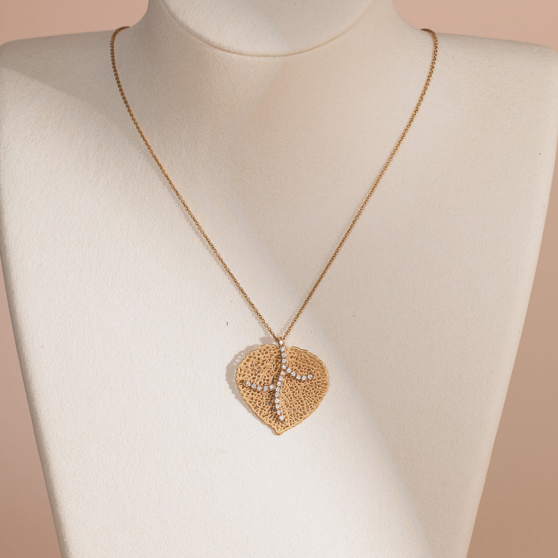 14K Matte Gold Filigree Leaf Pendant with Natural Diamonds - Jewelry And Store