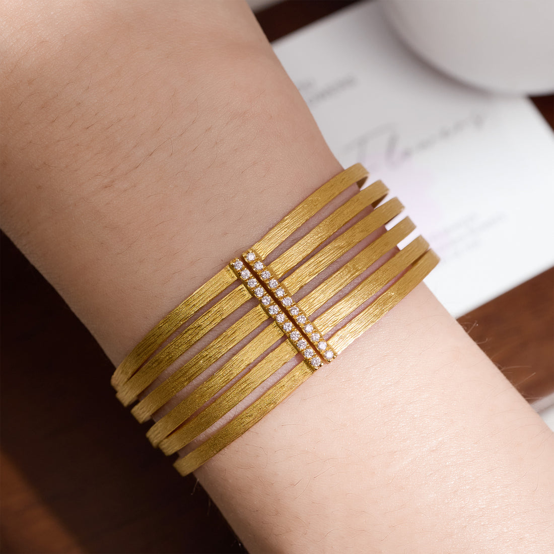 14K Gold Multi - Band Diamond Bangle with Hand - hammered Finish - Jewelry And Store