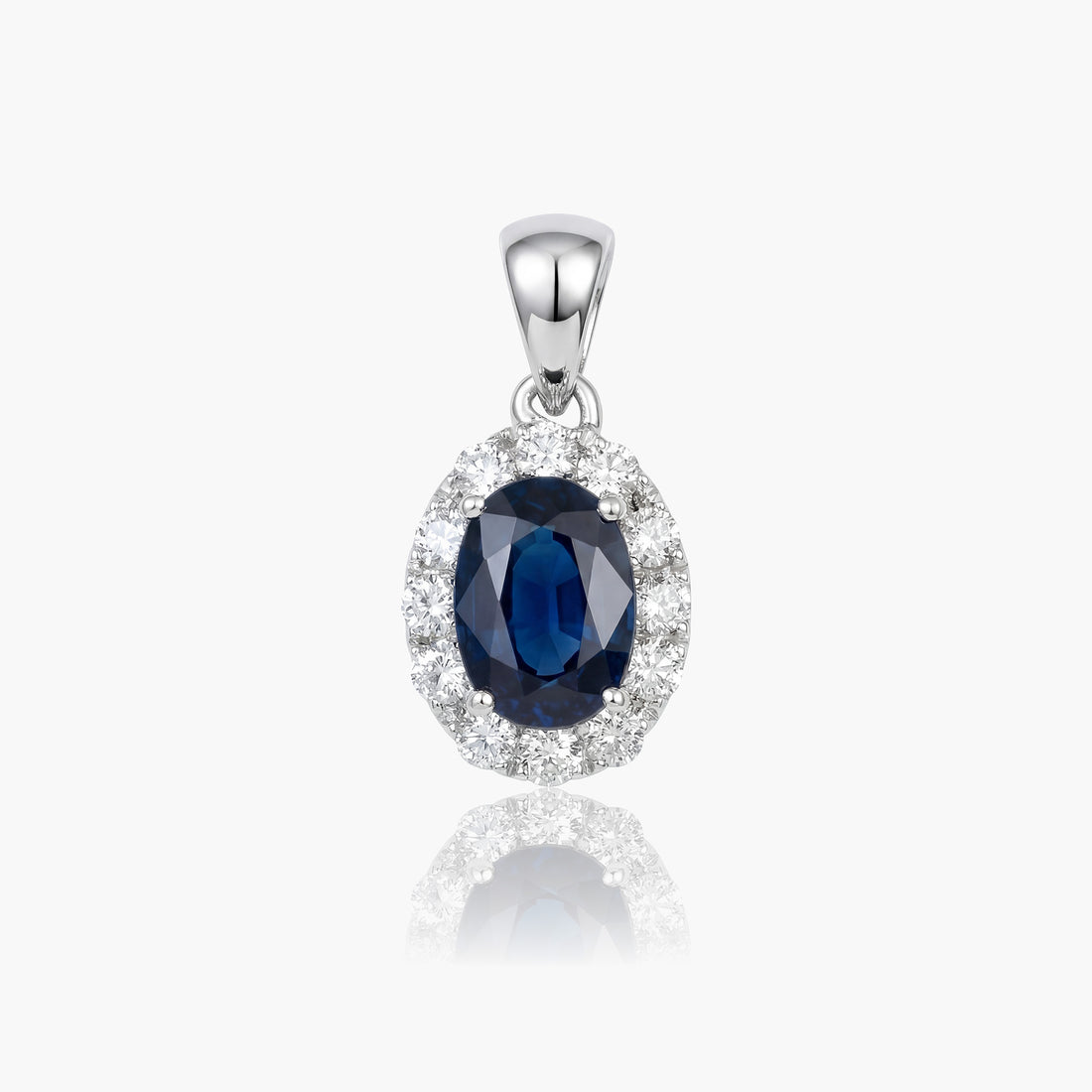 1.09ct Natural Blue Sapphire and Diamond Halo Pendant in 18K White Gold - JewelryAndStore