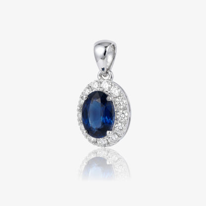 1.09ct Natural Blue Sapphire and Diamond Halo Pendant in 18K White Gold - JewelryAndStore