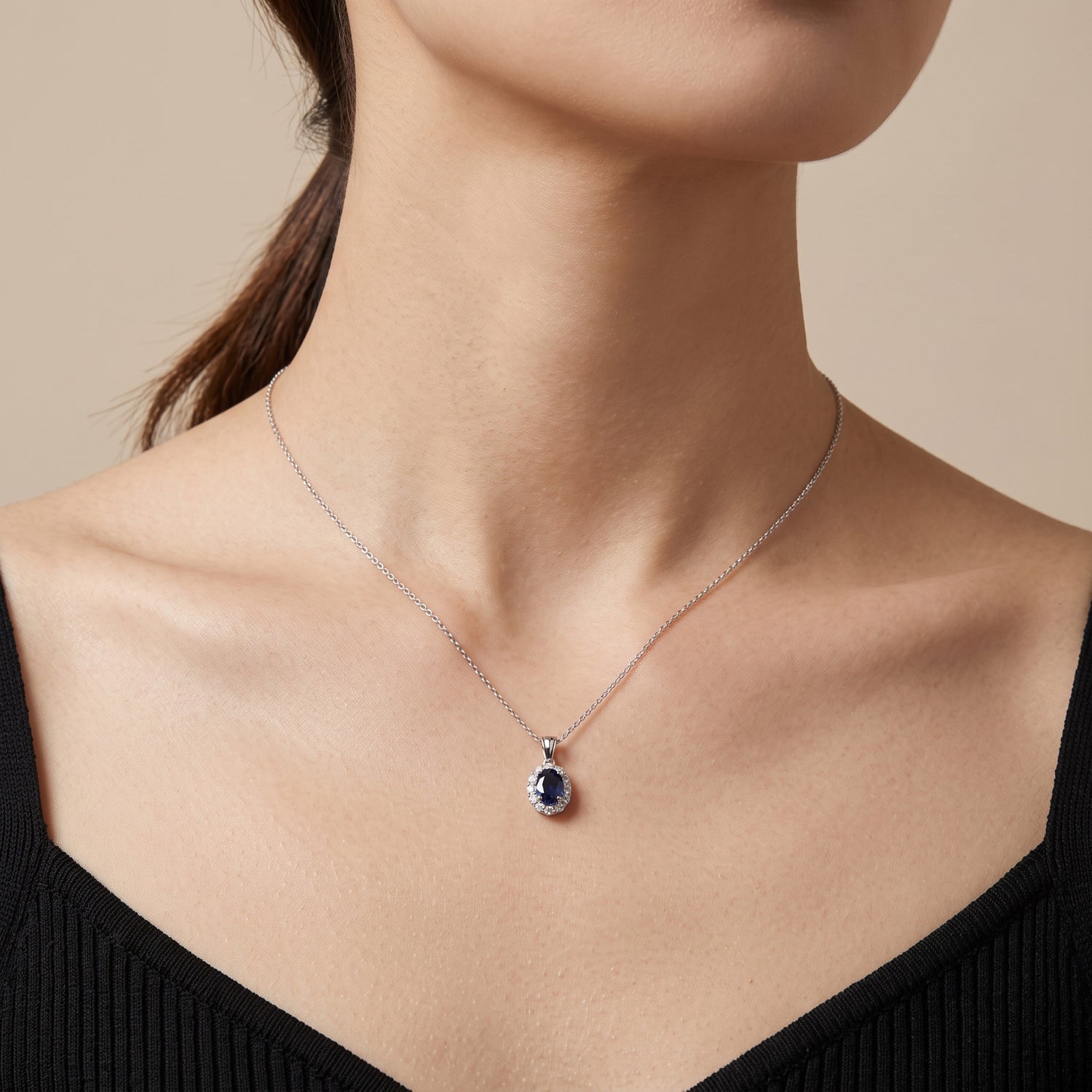 1.09ct Natural Blue Sapphire and Diamond Halo Pendant in 18K White Gold - JewelryAndStore