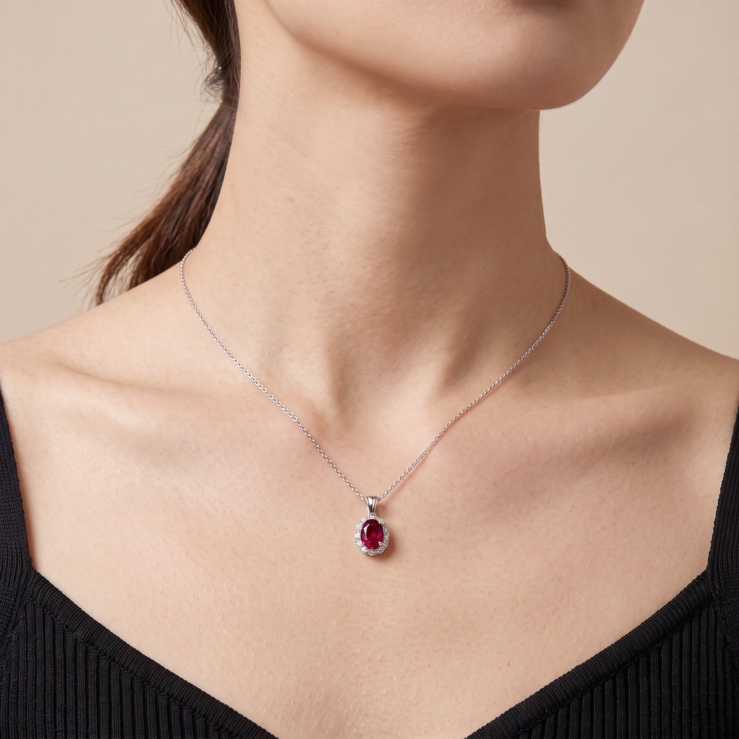 1.04ct Natural Ruby and Diamond Halo Pendant in 18K White Gold - JewelryAndStore