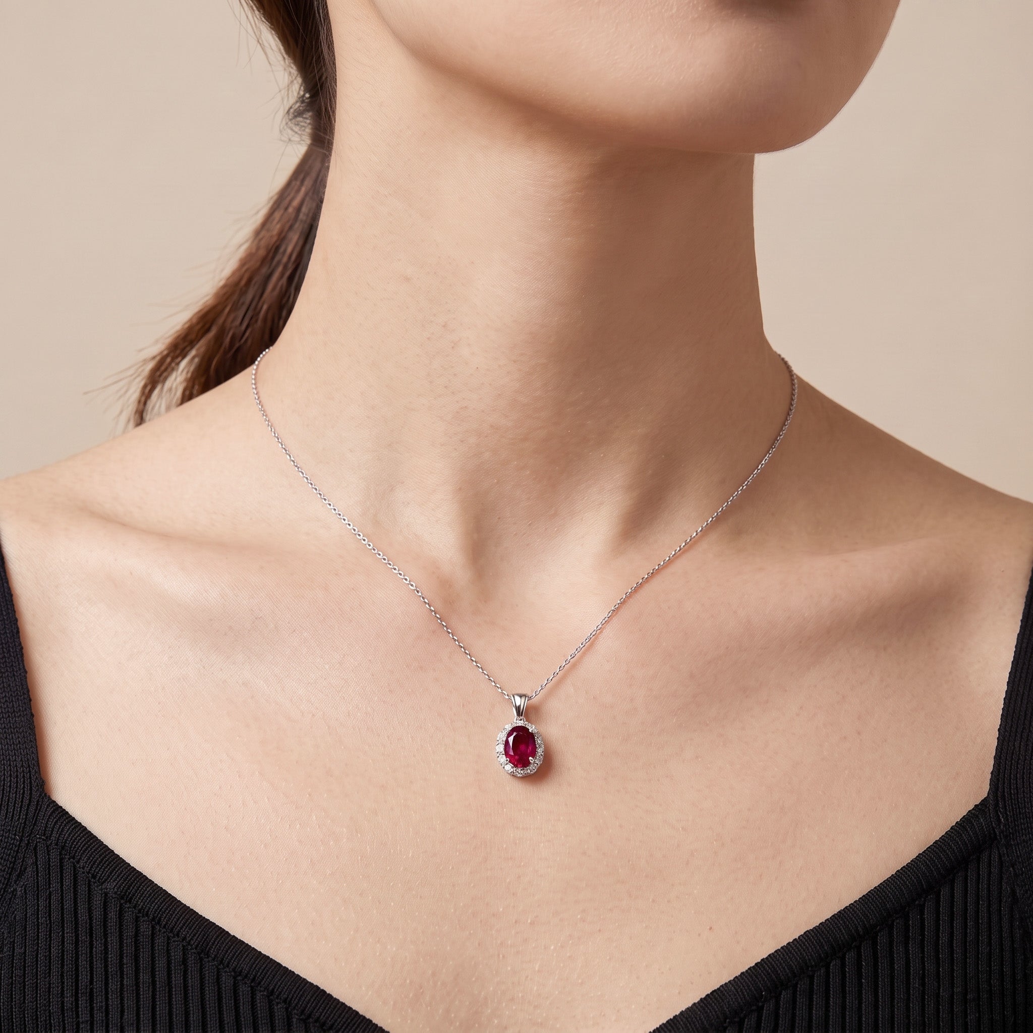 1.04ct Natural Ruby and Diamond Halo Pendant in 18K White Gold - JewelryAndStore