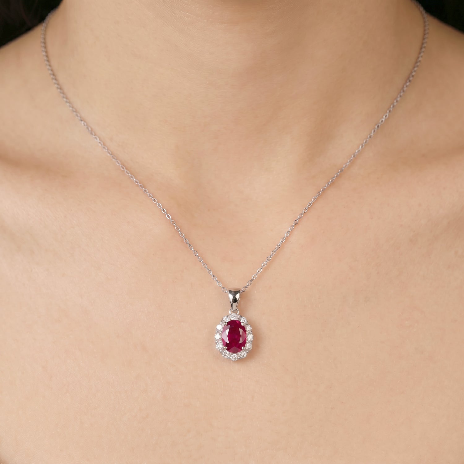 1.04ct Natural Ruby and Diamond Halo Pendant in 18K White Gold - JewelryAndStore