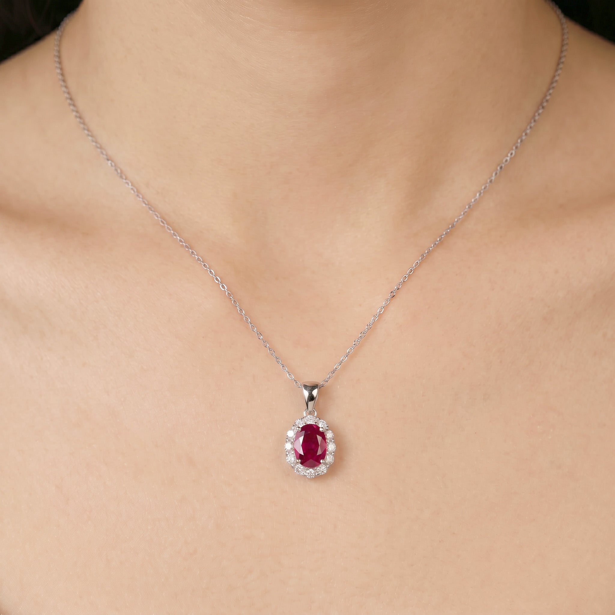 1.04ct Natural Ruby and Diamond Halo Pendant in 18K White Gold - JewelryAndStore