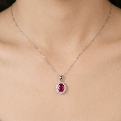 1.04ct Natural Ruby and Diamond Halo Pendant in 18K White Gold - JewelryAndStore