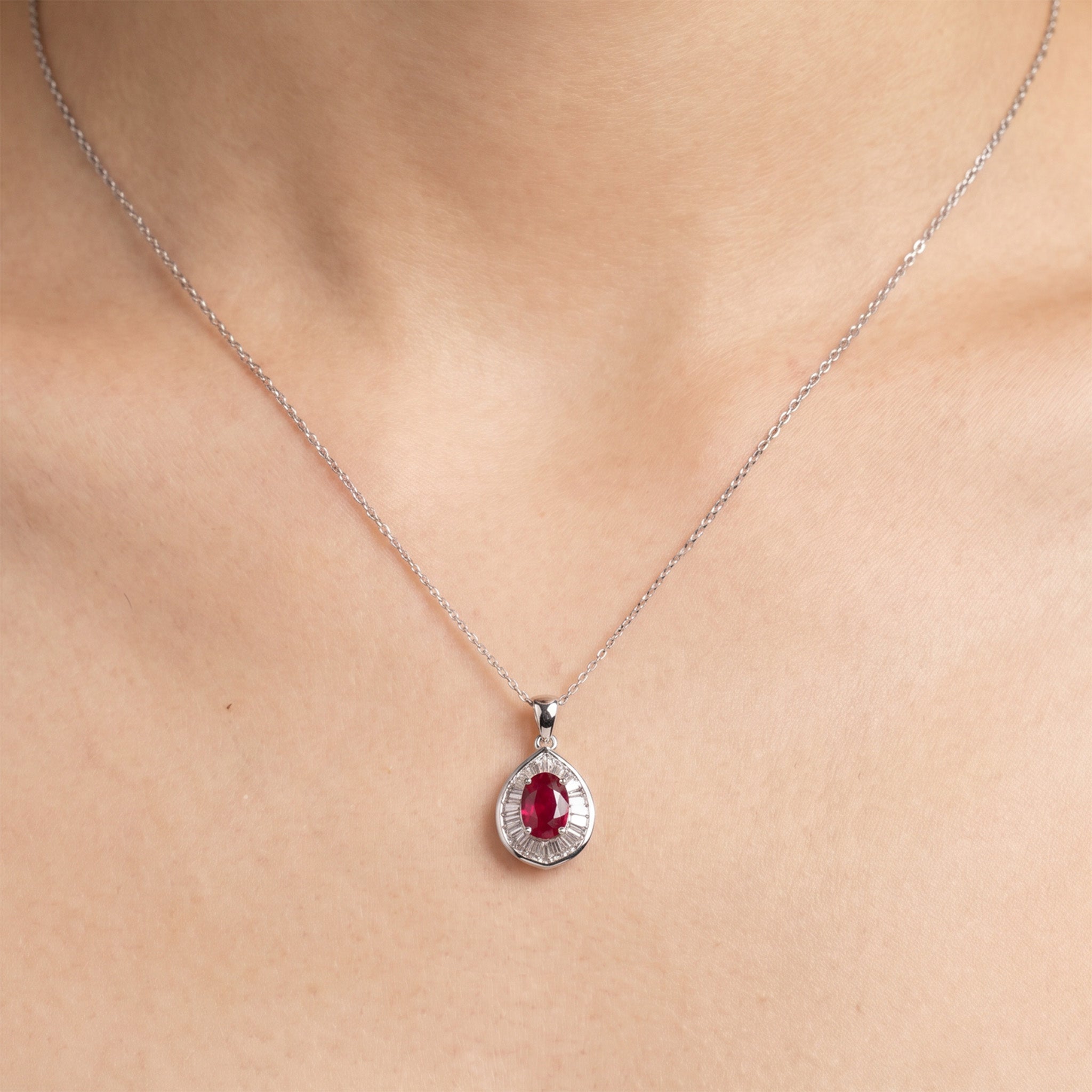 1.01ct Natural Ruby and Baguette Diamond Halo Pendant in 18K White Gold - JewelryAndStore