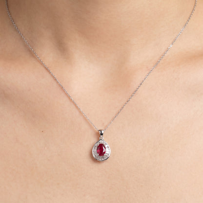 1.01ct Natural Ruby and Baguette Diamond Halo Pendant in 18K White Gold - JewelryAndStore