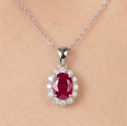 1.04ct Natural Ruby and Diamond Halo Pendant in 18K White Gold - JewelryAndStore
