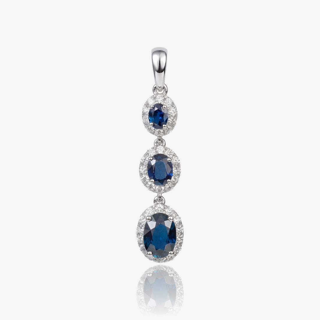 Graduated Natural Blue Sapphire and Diamond Drop Pendant in 18K White Gold - JewelryAndStore