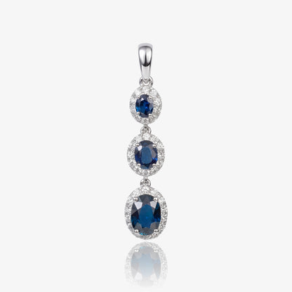 Graduated Natural Blue Sapphire and Diamond Drop Pendant in 18K White Gold - JewelryAndStore