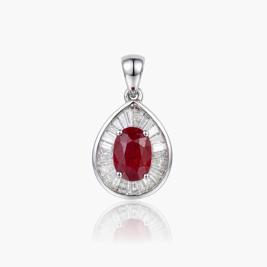 1.01ct Natural Ruby and Baguette Diamond Halo Pendant in 18K White Gold - JewelryAndStore