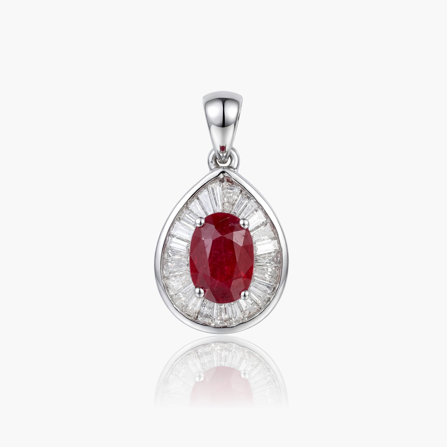 1.01ct Natural Ruby and Baguette Diamond Halo Pendant in 18K White Gold - JewelryAndStore