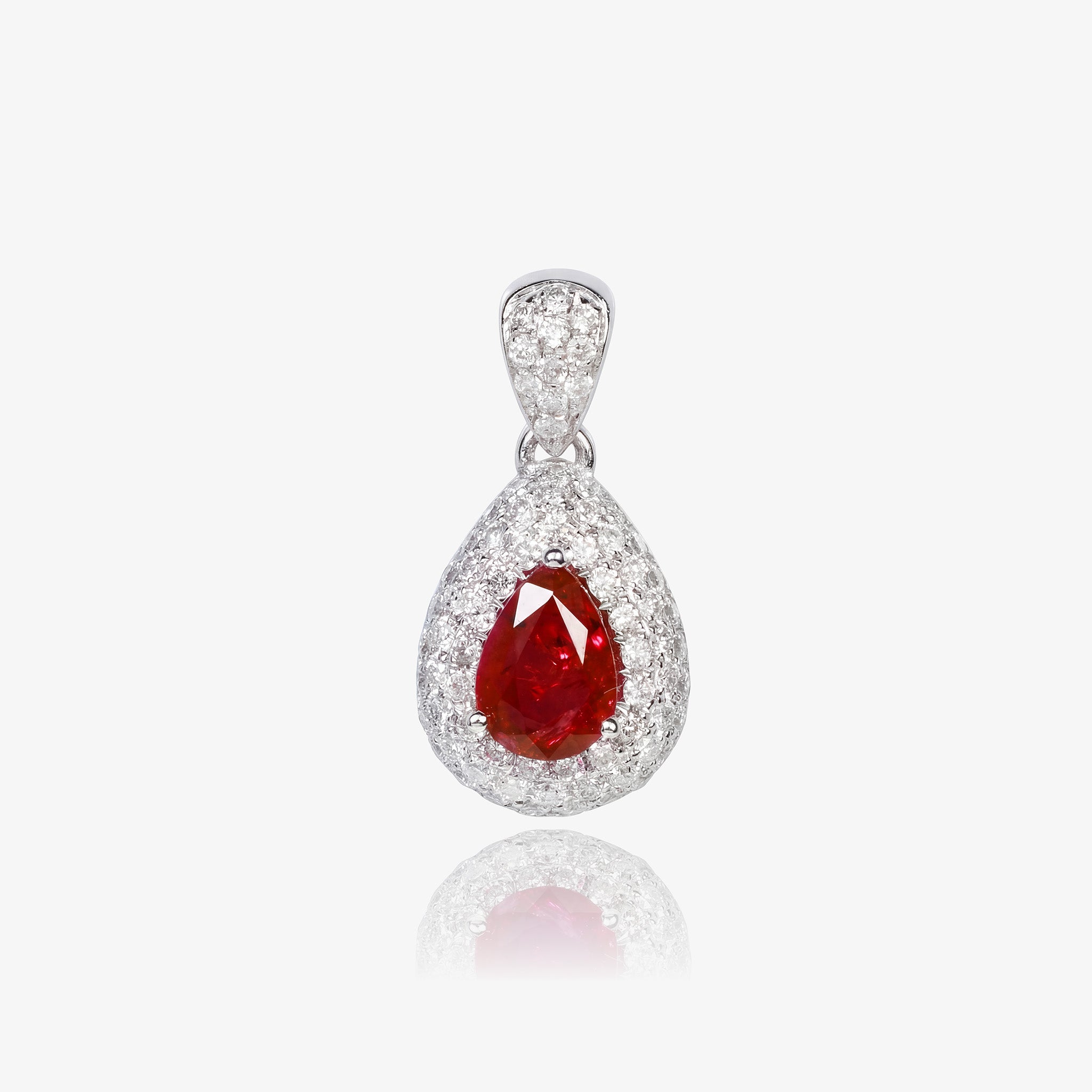 18K White Gold Pear - Shaped Diamond Pendant with 0.95ct Natural Ruby - JewelryAndStore