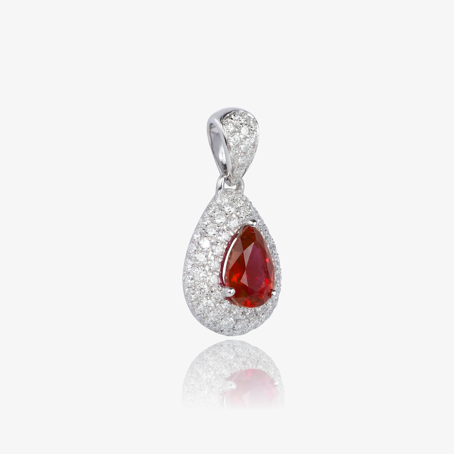 18K White Gold Pear - Shaped Diamond Pendant with 0.95ct Natural Ruby - JewelryAndStore