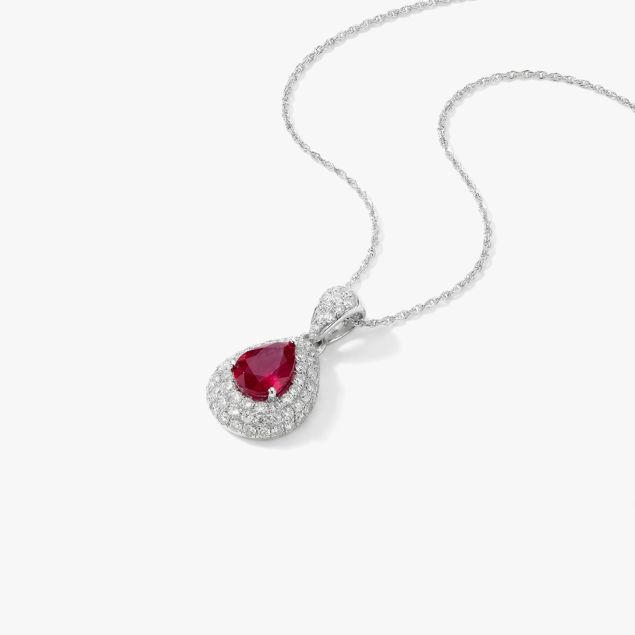 18K White Gold Pear - Shaped Diamond Pendant with 0.95ct Natural Ruby - JewelryAndStore