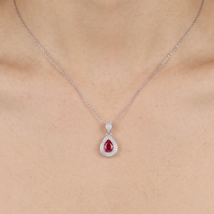 18K White Gold Pear-Shaped Diamond Pendant with 0.95ct Natural Ruby - JewelryAndStore