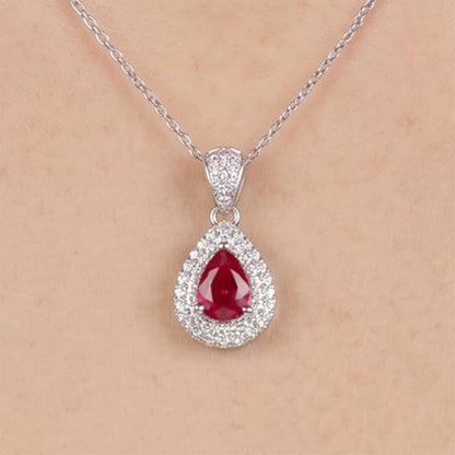 18K White Gold Pear-Shaped Diamond Pendant with 0.95ct Natural Ruby - JewelryAndStore