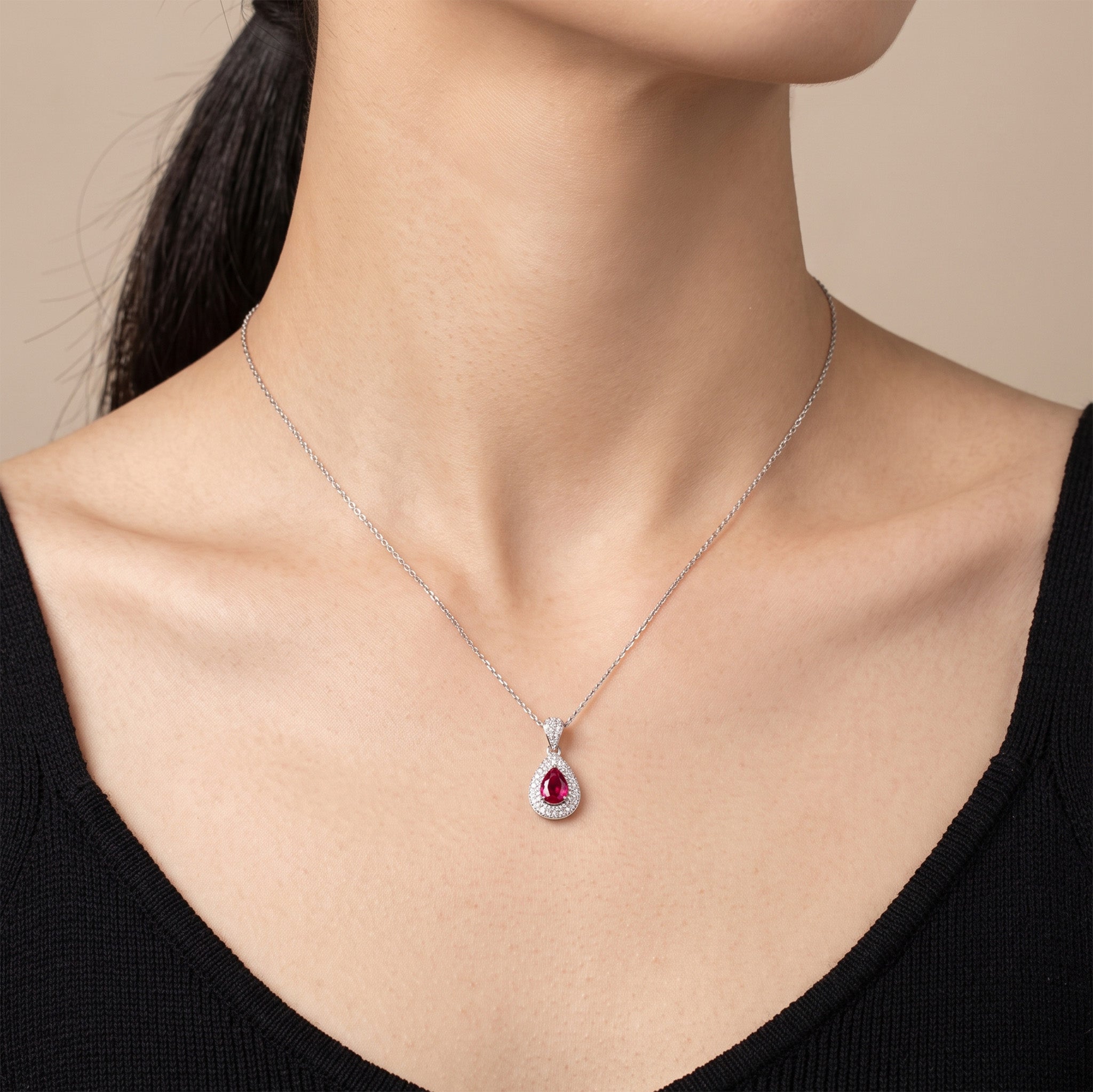 18K White Gold Pear-Shaped Diamond Pendant with 0.95ct Natural Ruby - JewelryAndStore