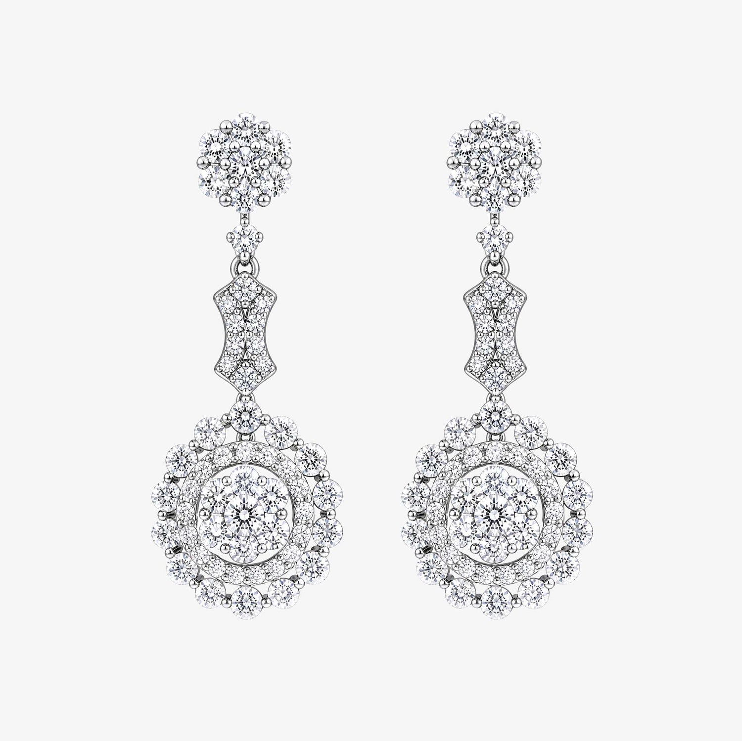3.14ctw Natural Diamond Floral Cluster Cascading Drop Earrings in 18K White Gold - JewelryandStore