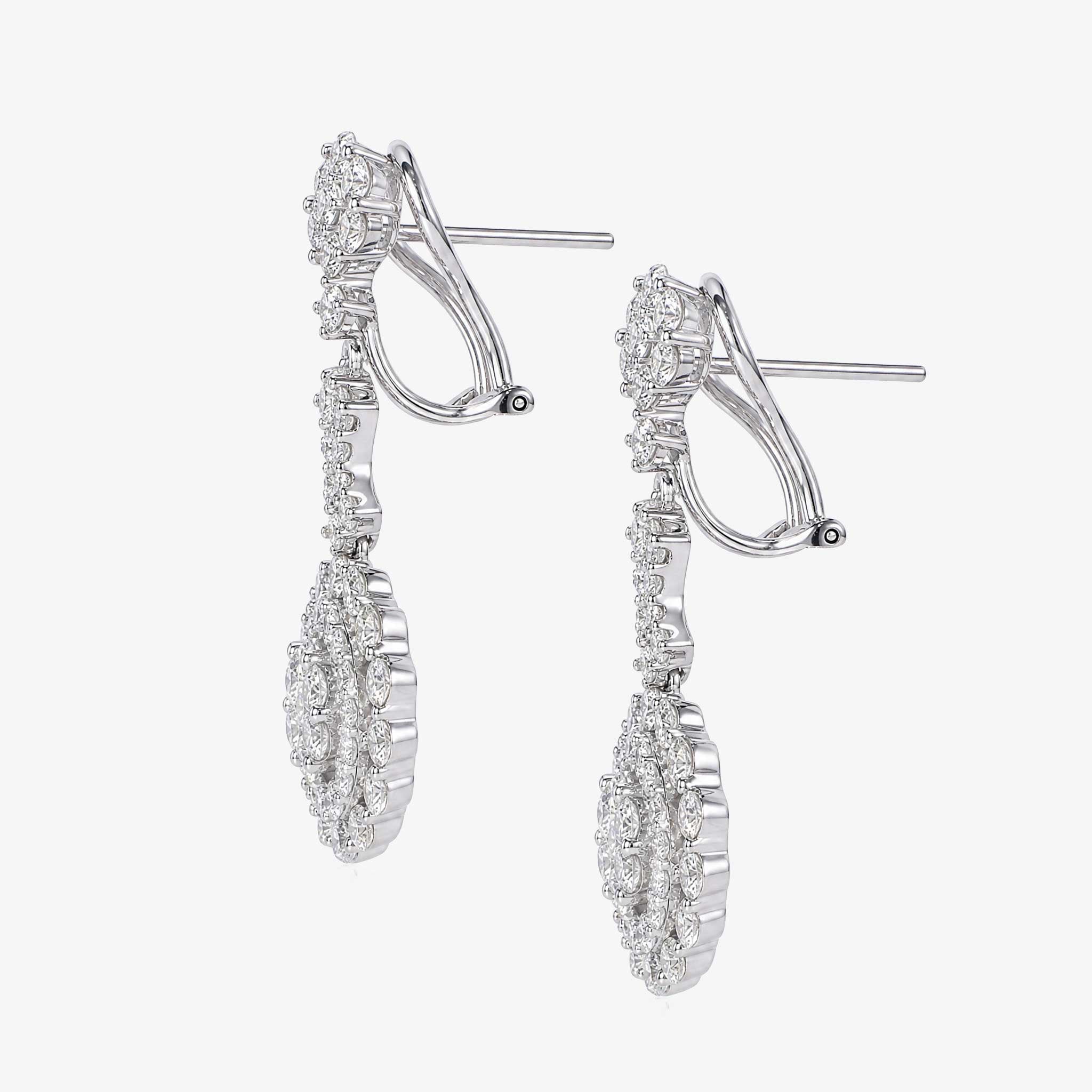 3.14ctw Natural Diamond Floral Cluster Cascading Drop Earrings in 18K White Gold - JewelryandStore