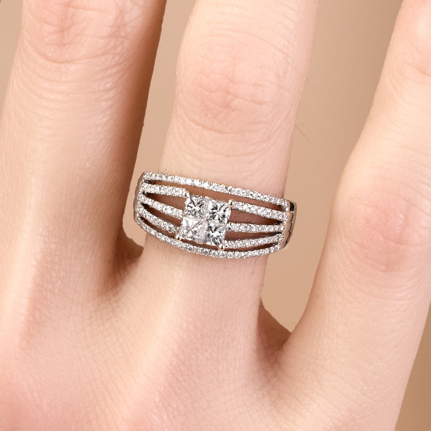 18K White Gold Engagement Ring with Natural Princess - Cut Diamonds - JewelryAndStore