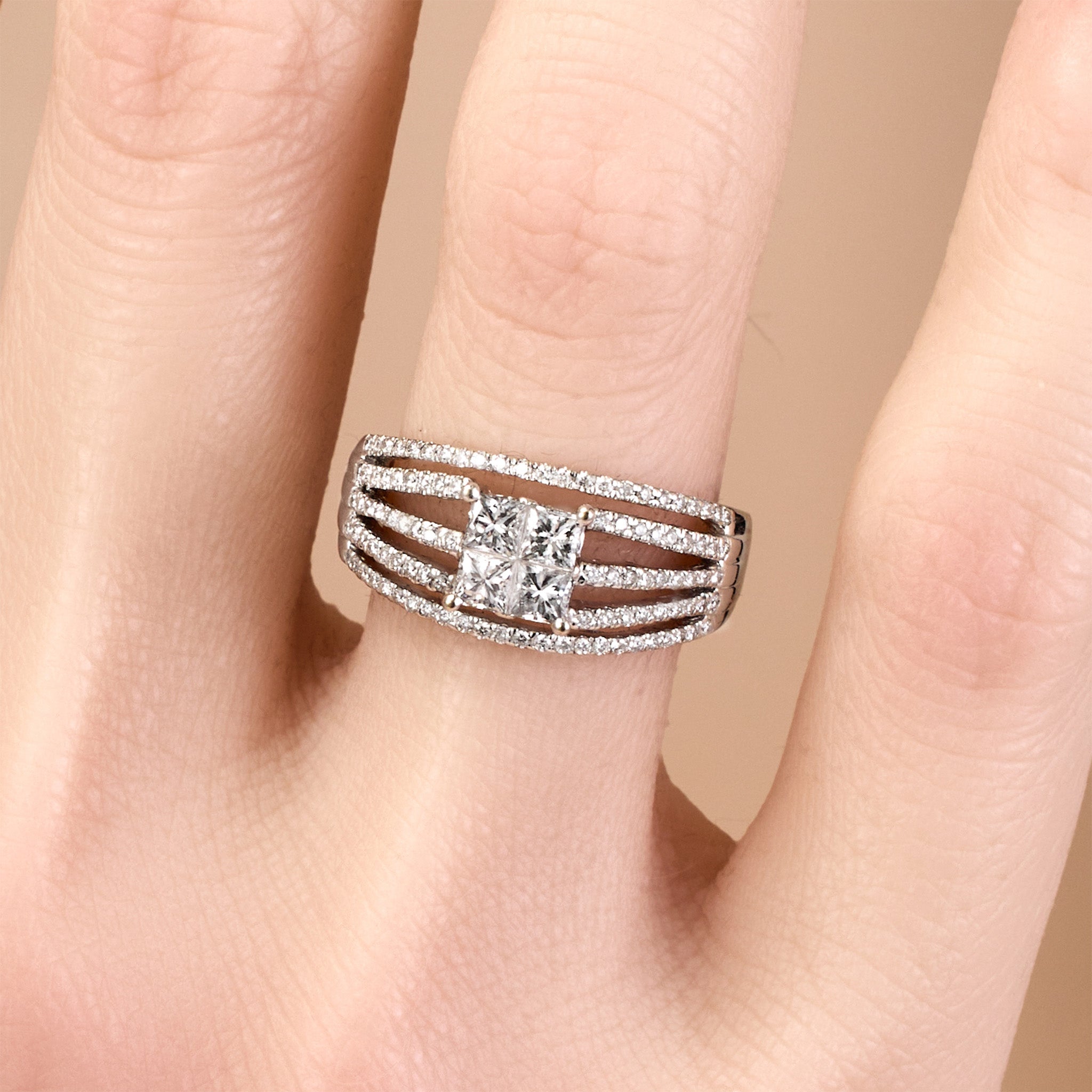 18K White Gold Engagement Ring with Natural Princess - Cut Diamonds - JewelryAndStore