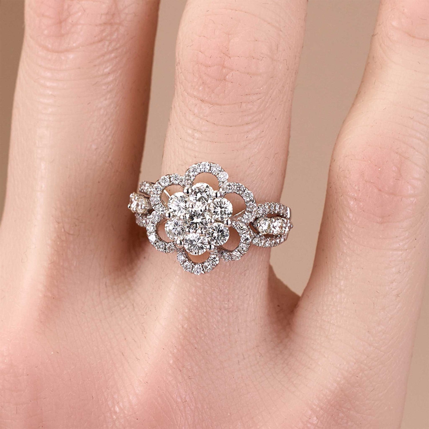 1.85ct Natural Diamond Flower Cluster Ring 18K Gold - JewelryandStore