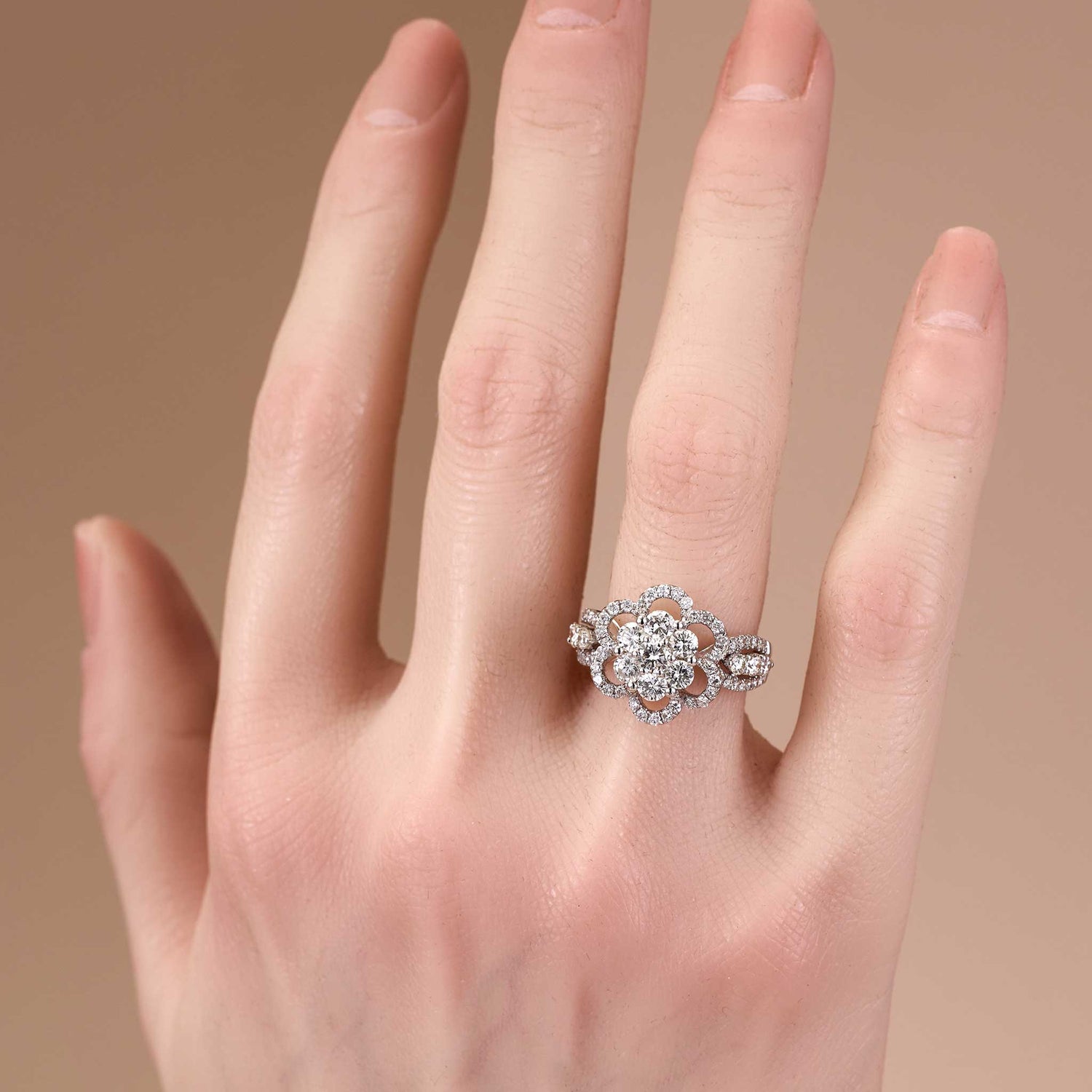 1.85ct Natural Diamond Flower Cluster Ring 18K Gold - JewelryandStore