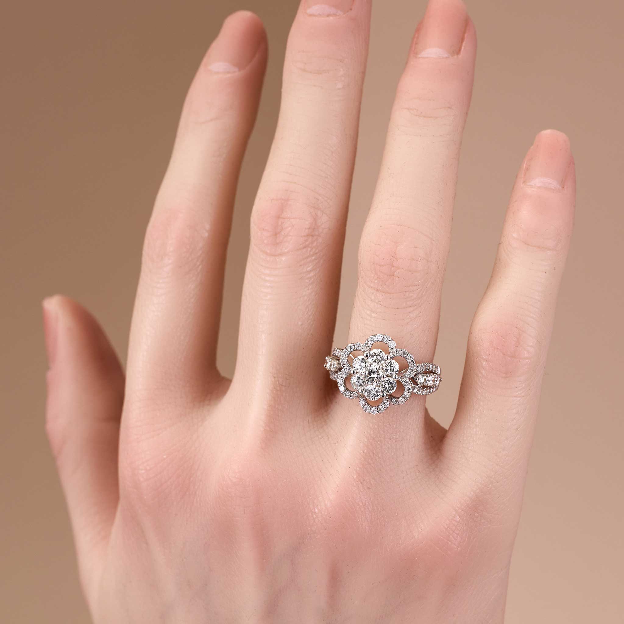 1.85ct Natural Diamond Flower Cluster Ring 18K Gold - JewelryandStore