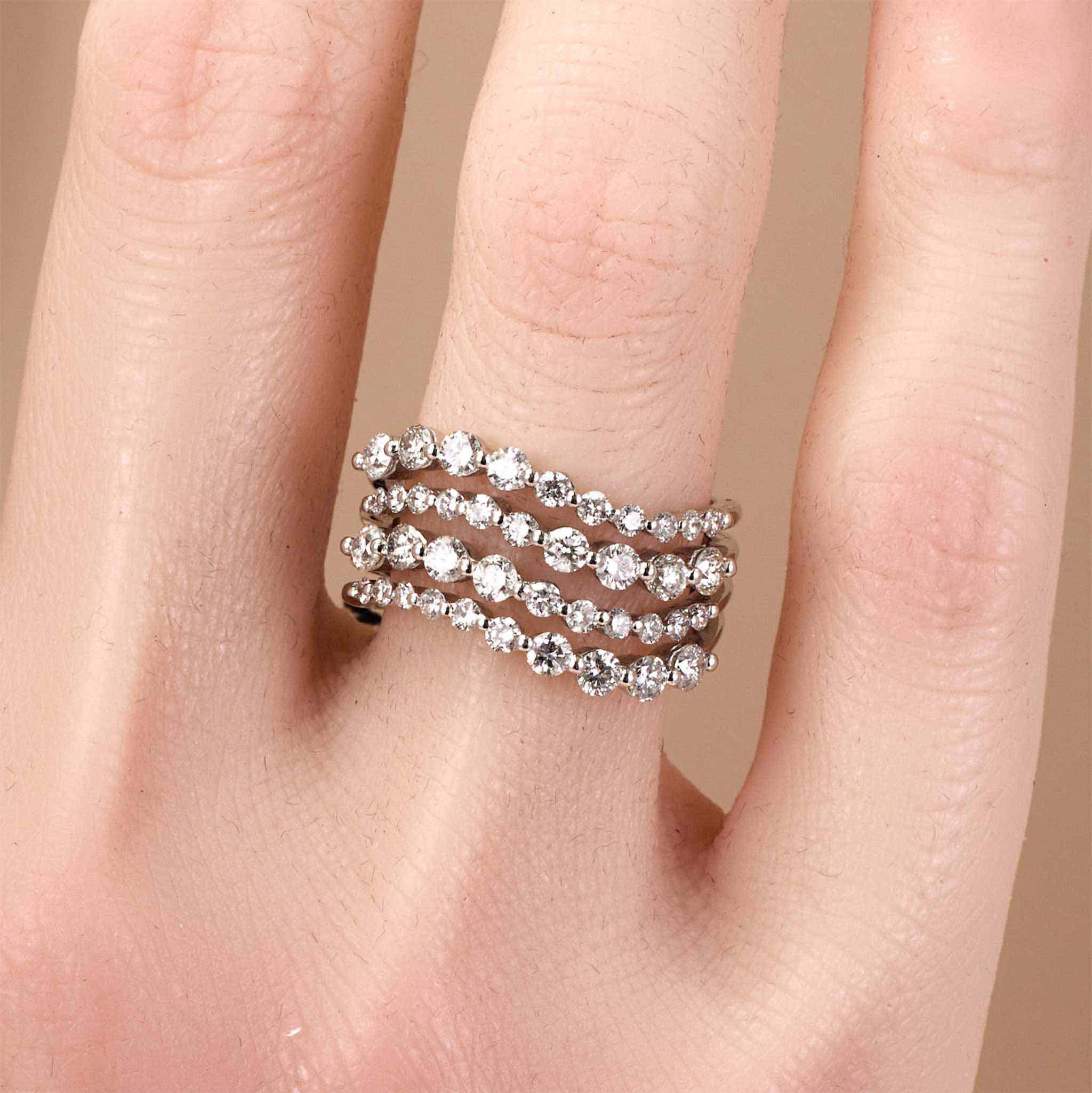 1.69ct Natural Diamond Wavy Multi-Row Ring 18K Gold - JewelryandStore