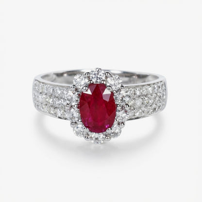 1.00ct Natural Ruby and Multi - Row Diamond Band Ring in 18K White Gold - JewelryAndStore
