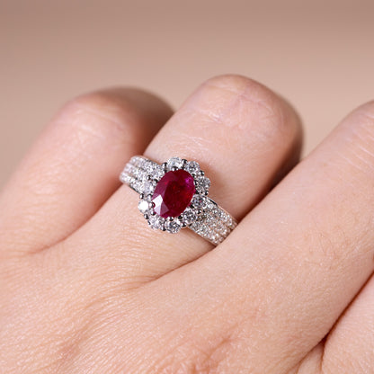 1.00ct Natural Ruby and Multi - Row Diamond Band Ring in 18K White Gold - JewelryAndStore