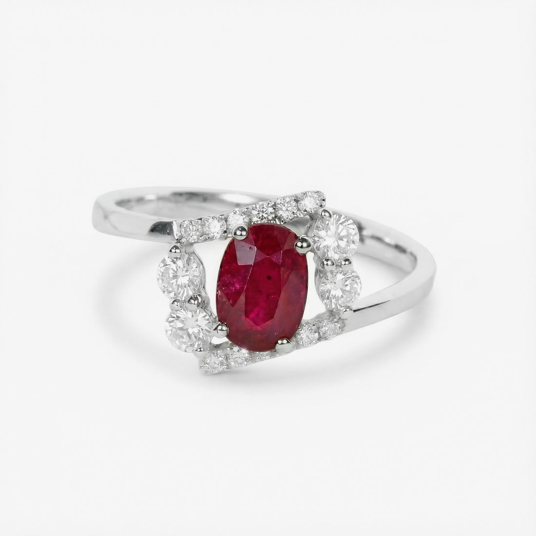 1.00ct Natural Ruby and Diamond Geometric Bypass Ring in 18K White Gold from JewelryandStore