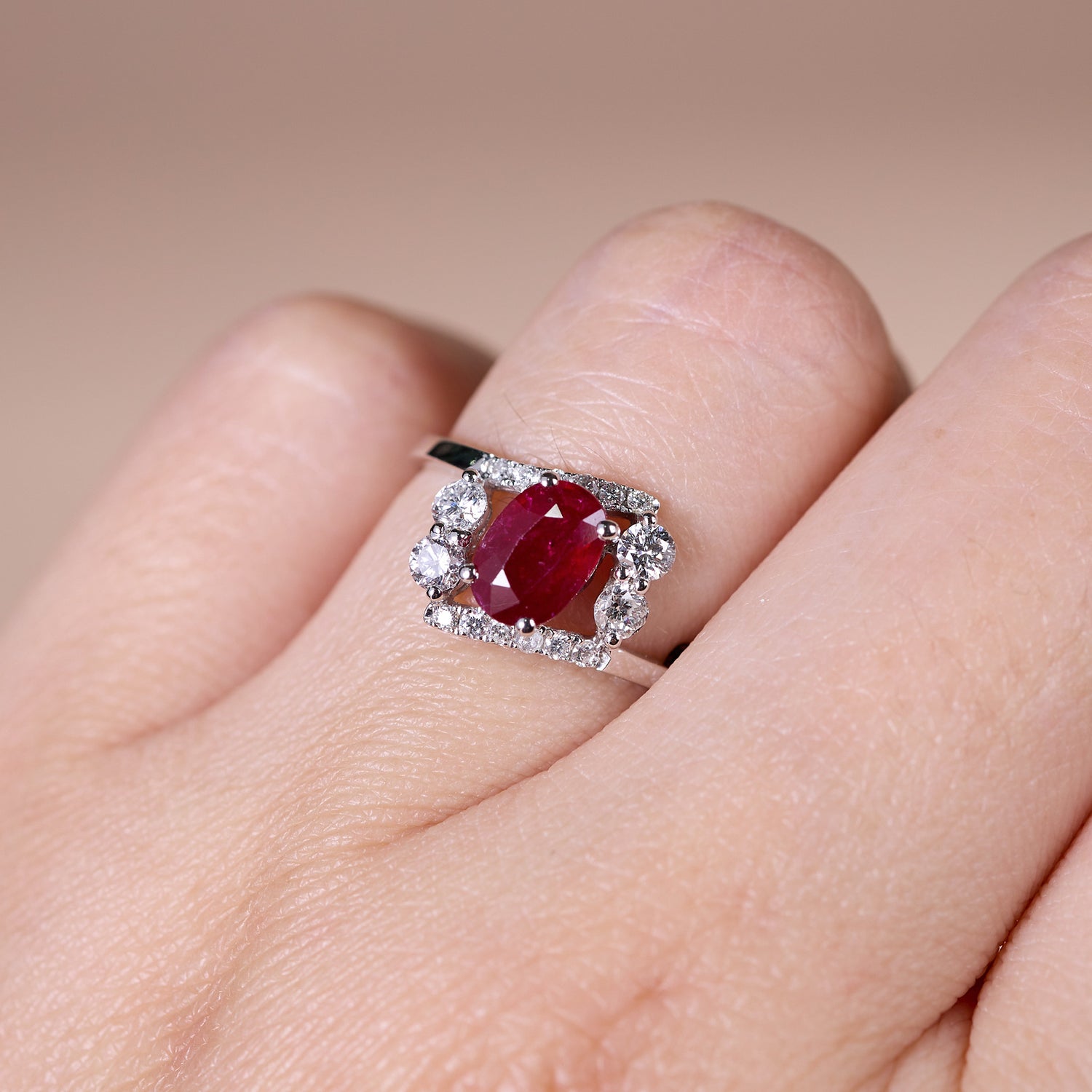 1.00ct Natural Ruby and Diamond Geometric Bypass Ring in 18K White Gold - JewelryAndStore