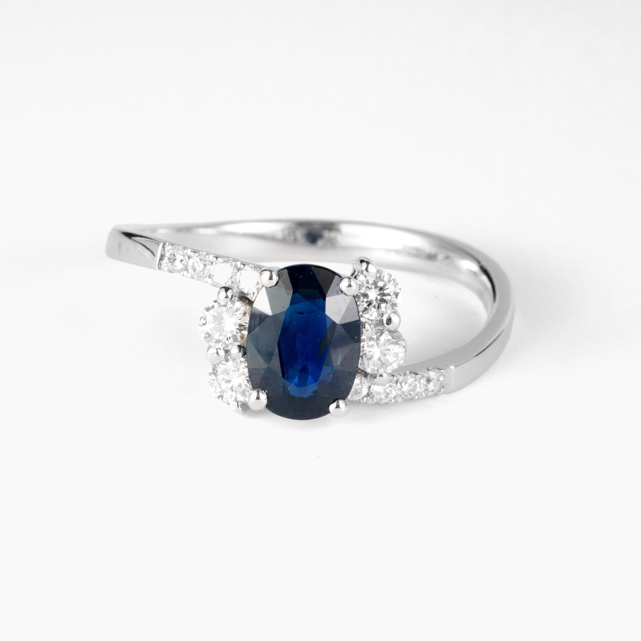 1.11ct Natural Blue Sapphire and Diamond Bypass Ring in 18K White Gold - JewelryAndStore