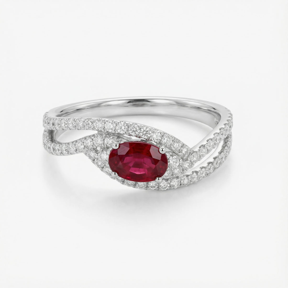0.55ct Natural Ruby and Diamond Pave Crossover Ring in 18K White Gold from JewelryandStore