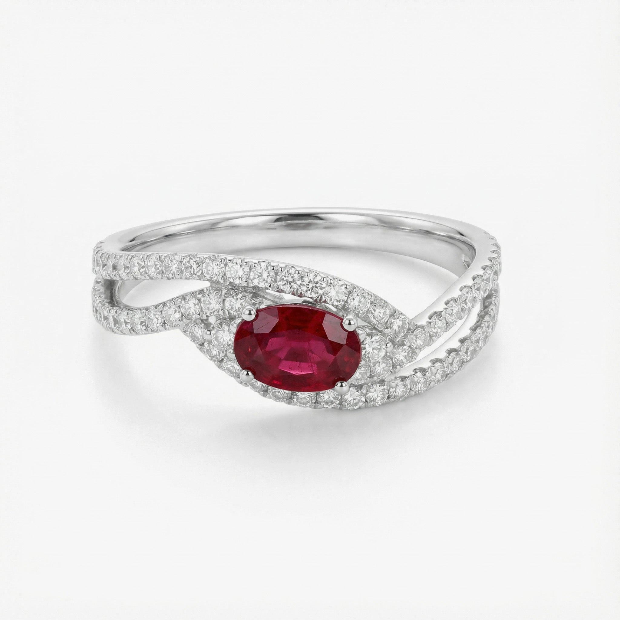 0.55ct Natural Ruby and Diamond Pave Crossover Ring in 18K White Gold - JewelryAndStore