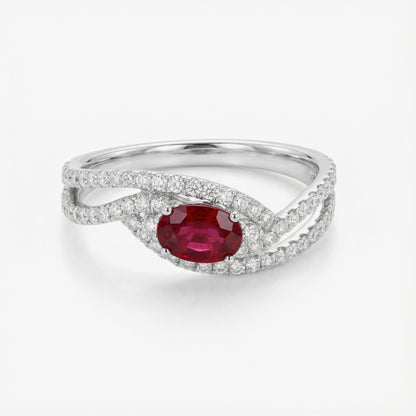 0.55ct Natural Ruby and Diamond Pave Crossover Ring in 18K White Gold - JewelryAndStore