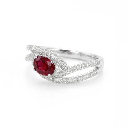 0.55ct Natural Ruby and Diamond Pave Crossover Ring in 18K White Gold - JewelryAndStore